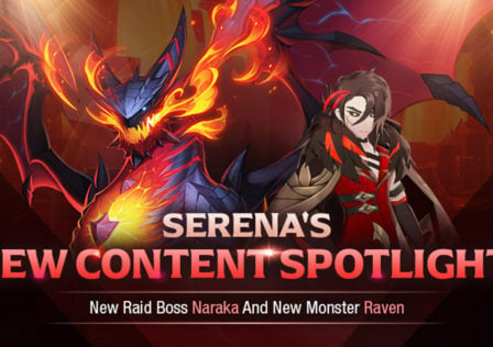The featured image for our Summoners War: Chronicles raid boss news article, featuring the new raid boss and assistant side by side in a red background.