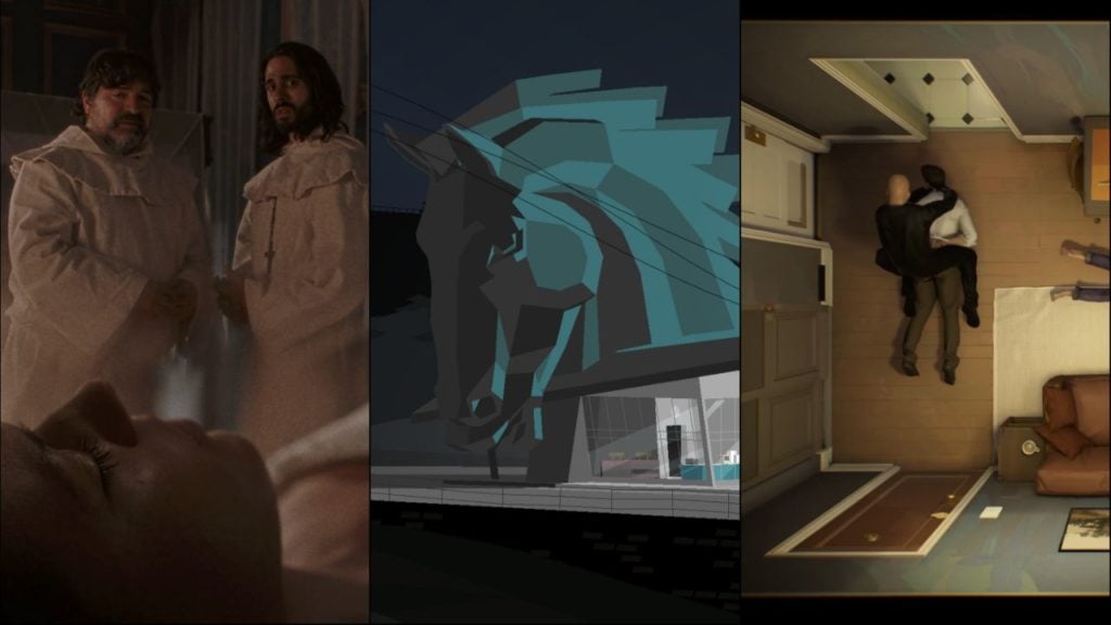 Feature image for our Kentucky Route Zero, Immortality, and Twelve Minutes Android port news. It shows screenshots from all three games, with a film scene from Immortality, Equus Oil station from Kentucky Route Zero, and a view of the arrest in Twelve Minutes.