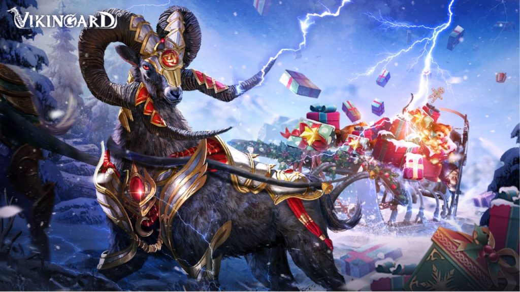 Feature image for our Vikingard winter event news. It features one of Thor's goats, stood in front of a sleigh full of gifts, with a lightning bolt striking in the background.