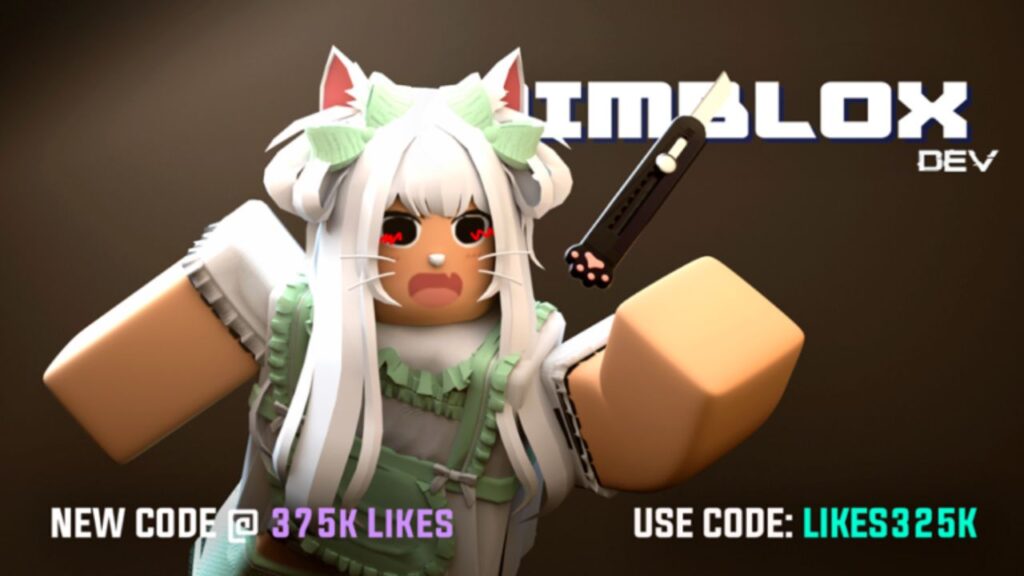 Feature image for our Aimblox codes guide. It shows a Roblox character with cat ears armed with a box cutter.