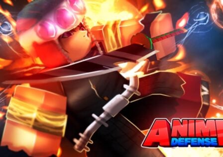 The featured image for our Anime Defense Simulator codes guide, featuring a Roblox character flipping mid air with a knife in hand. There's a fiery-red colour scheme, as fire can be seen coming from behind the character.
