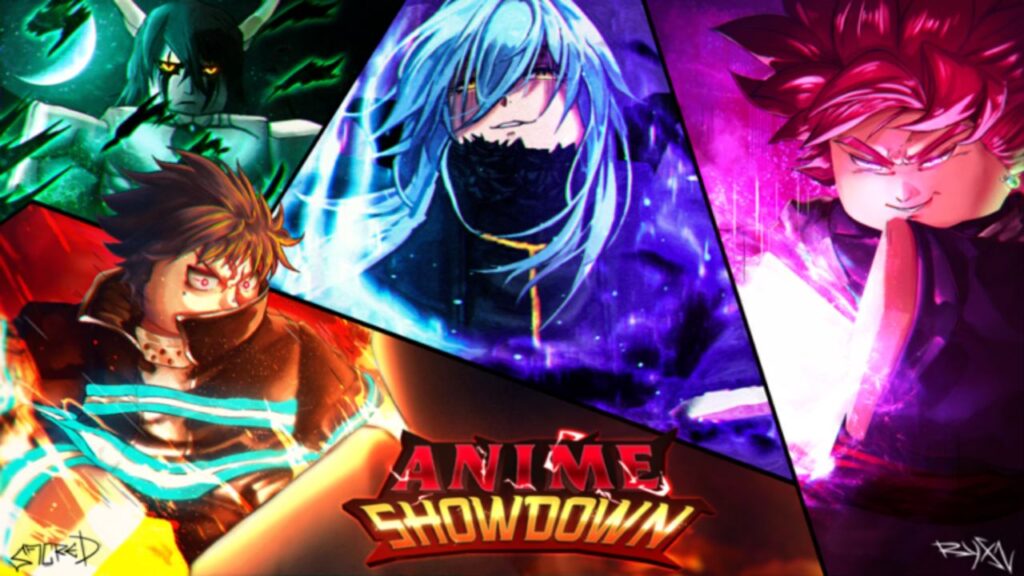 Feature image for our Anime Showdown codes guide. It shows four Roblox versions of anime characters.