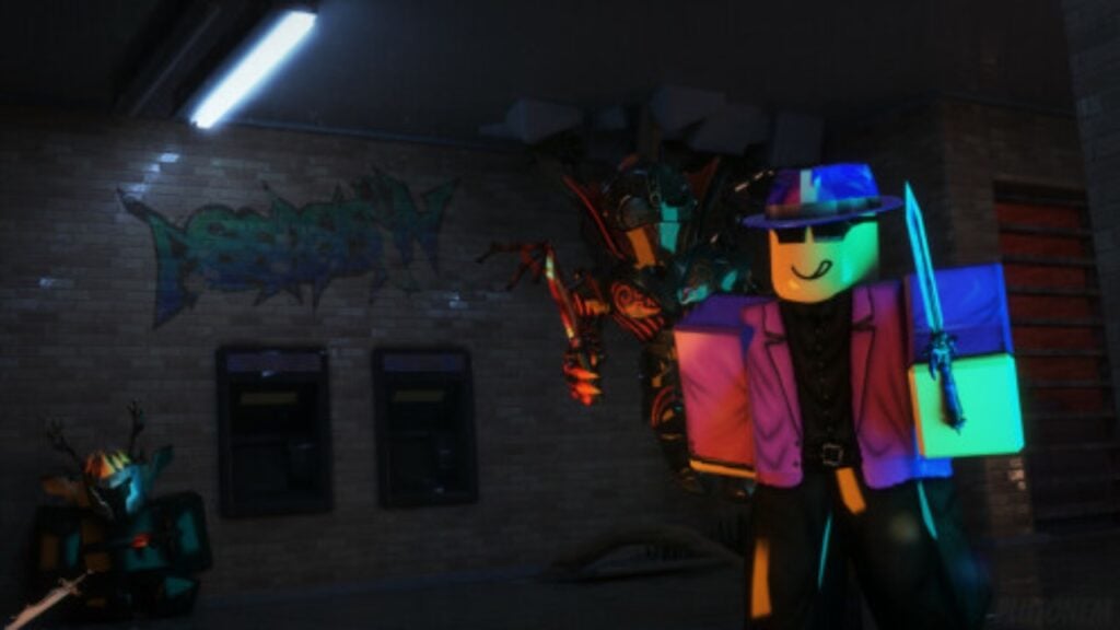 The featured image for our Assassin! codes guide, featuring an assassin who is unaware that they are being stalked by another Roblox character behind them in a dark, dimly-lit room.