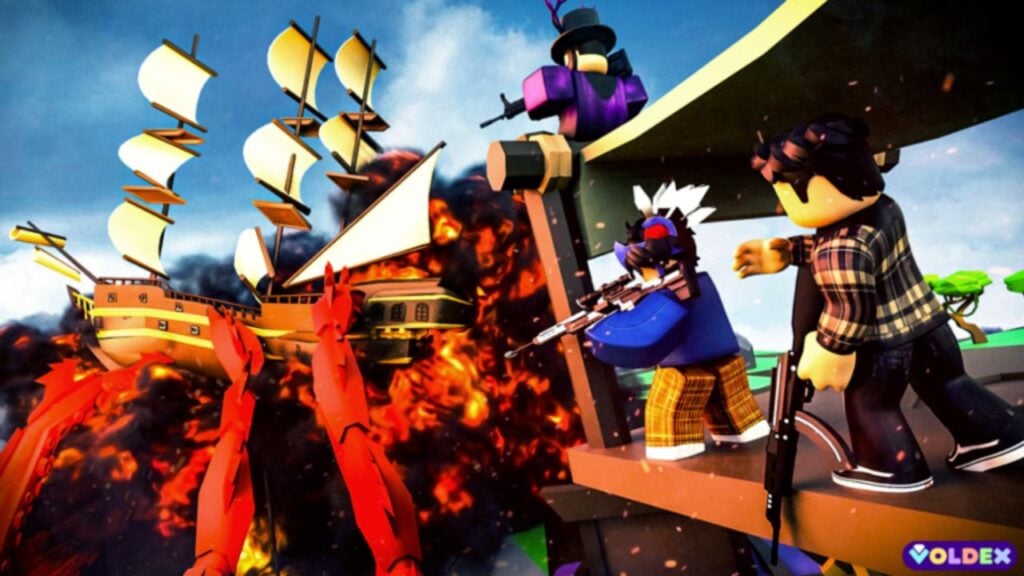 The feature image for our Base Battles code guide. It shows two Roblox characters with guns firing at a giant pirate ship with crab legs.