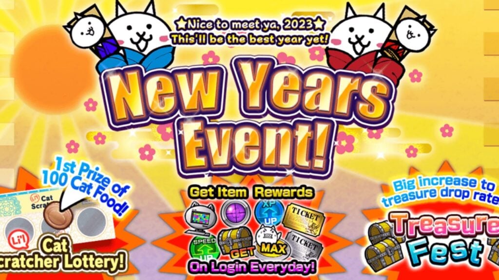 The featured image for our article covering the Battle Cats new years event, featuring big graphics reading "New Years Event!" The background of the picture is a blazingly warm orange, with battle cats dotted around.
