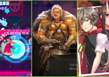 Feature image for our Best Android sales and offers feature. It shows a character in Muse Dash attacking, a portrait of a man in armor from Rogue Hearts and two character portraits from Evertale, a young man in a red scarf and a girl with horns blowing bubblegum.