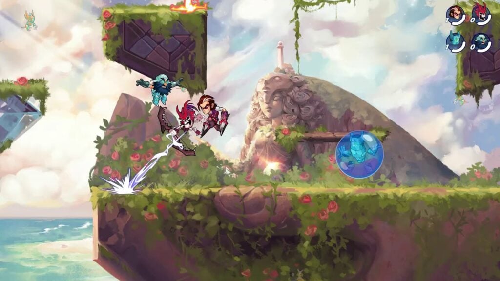 A screenshot from the game Brawlhalla. The screenshot features four characters fighting reach other on a grassy platform that is floating by the sea.