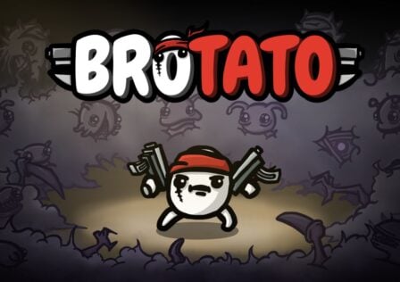 Feature image for our news piece on the Brotato Android port. It shows a cartoon potato with two guns surrounded by alien monsters.