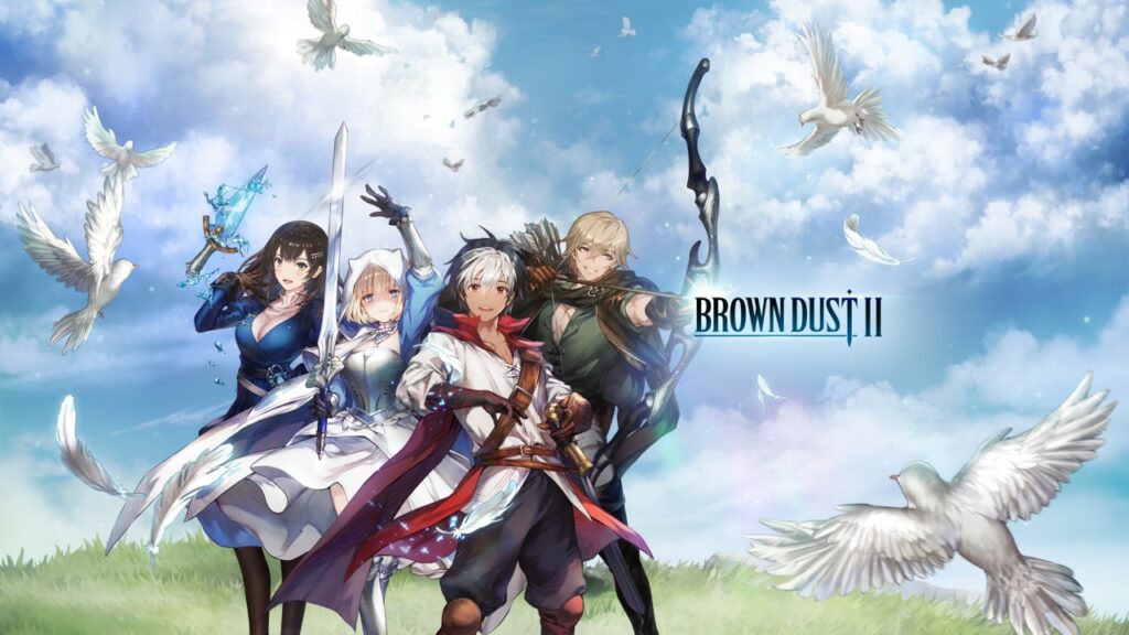 The featured image for our Brown Dust 2 early access news article. The image features four Brown Dust 2 characters standing in a field with heavenly clouds in a blue sky sitting behind them. White birds fly all around them.