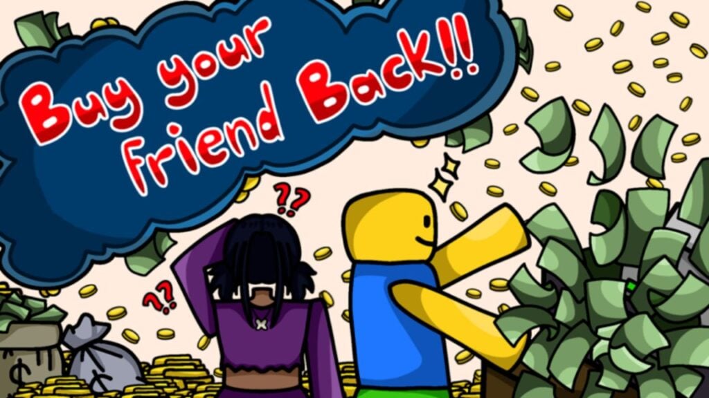 Feature image for our Buy Your Friend Back Tycoon codes guide. It shows a Roblox character with a pile of money, while a female character with no face looks on, confused.