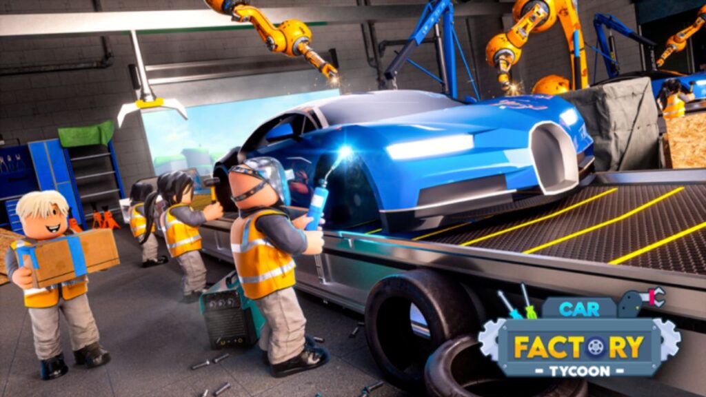 Feature image for our Car Factory Tycoon codes guide. it shows several Roblox characters working on a car.