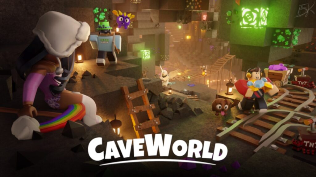 The featured image for our CaveWorld codes guide, featuring a mine shaft in a cave. Roblox players are scattered throughout the image, all pickaxing away the cave. A mine-cart track is seen to the right of the image.