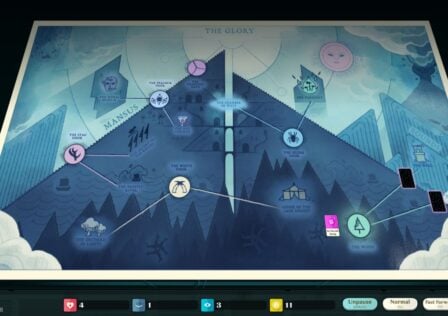 Feature image for our best Android games sales and deals. It shows a screen from Cultist Simulator, an impression of a mountain with different icons on it.