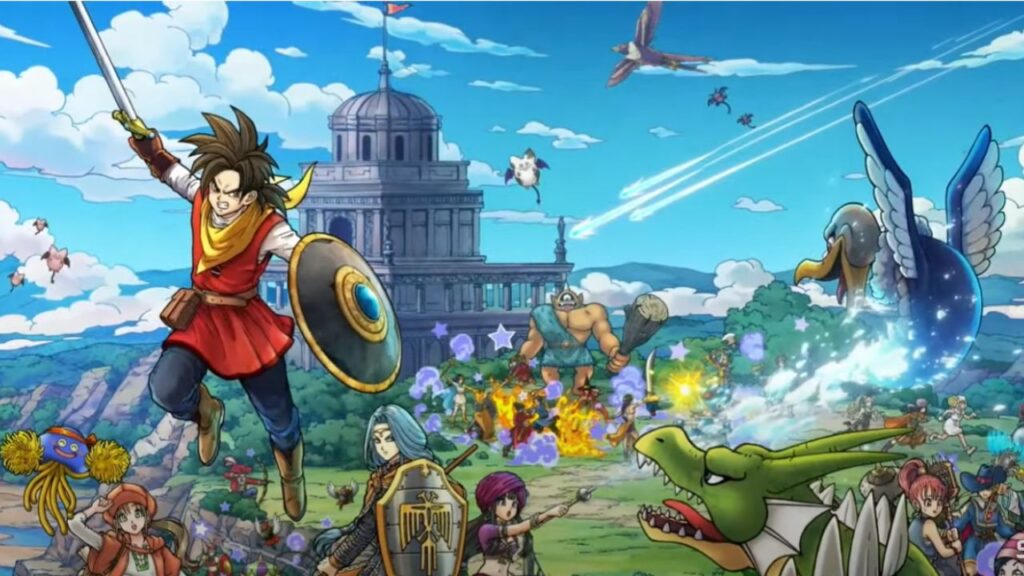 Feature image for our Dragon Quest Champions beta news piece. It shows a fantasy landscape with a hero leaping towards a dragon, sword drawn. A cast of other characters stand in the background.