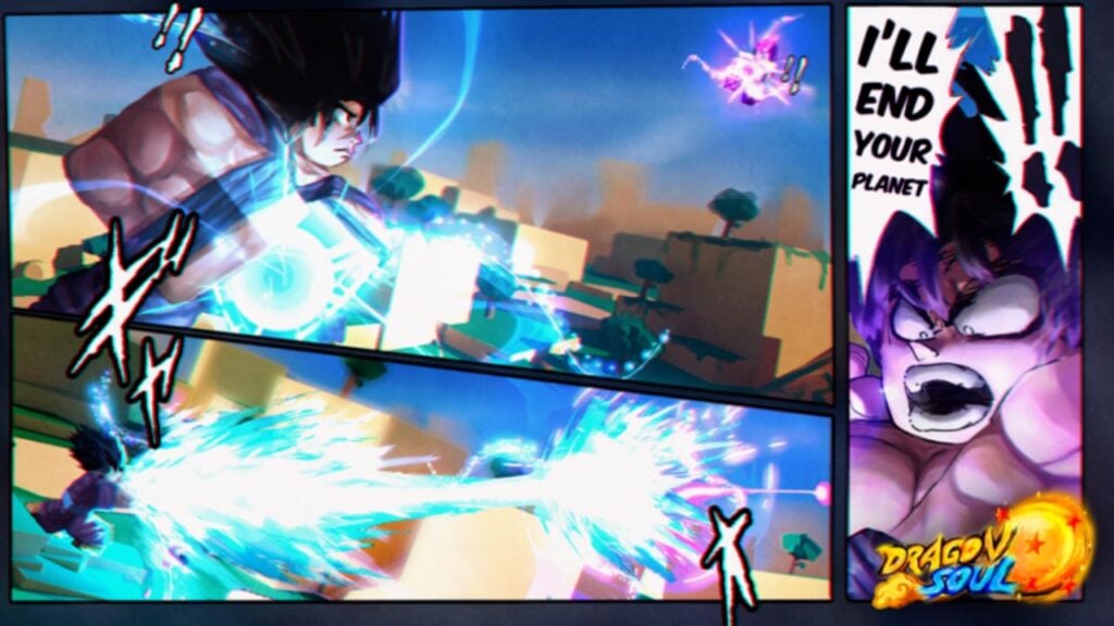Feature image for our Dragon Soul codes guide. It shows a comic rendition of a Dragon Ball Z-style battle with Roblox characters.