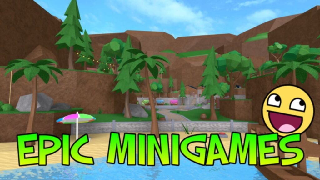 feature image for our epic minigames codes guide, the image features a promo image for the roblox game, with a smiley face, the game's logo, and a screenshot of an area from the game with trees, sand and the ocean