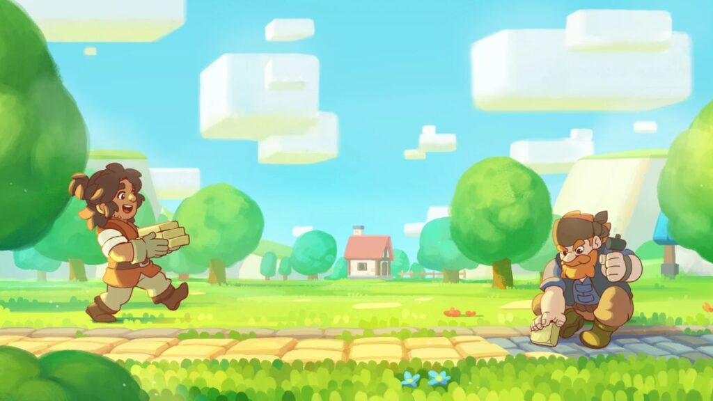 Feature image for our Everdale release news piece. It shows a grassy landscape with two villager characters at work.