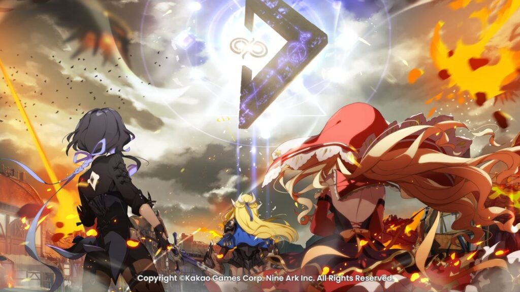 Feature image for our Eversoul launch news piece. It shows several Soul characters looking toward the sky, where a large structure, the Ark Metatron, is hovering.