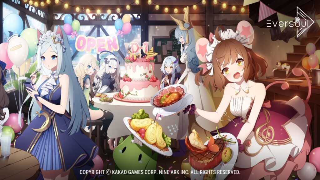 The featured image for our Eversoul pre-download article, featuring a whole cafe full of Eversoul characters gathering around to celebrate with each other.