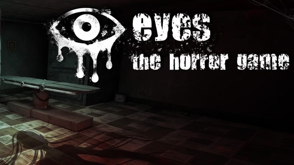 A promotional image for the game "Eyes The Horror Game". The picture is mostly black with the game's title in white layered over it, but to the left you can see a shadow of a creepy looking woman with thin long hair.