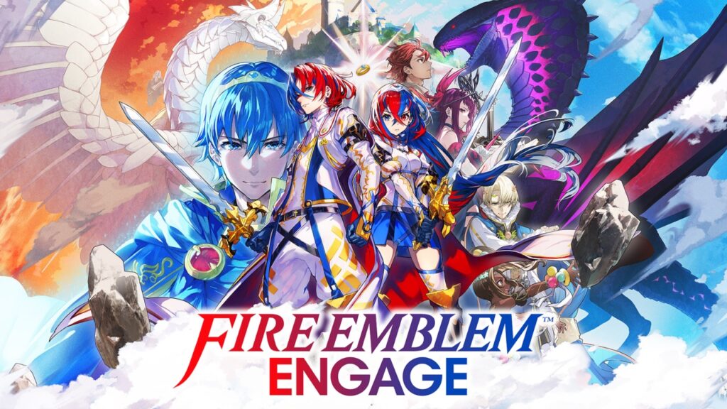 The featured image for our Fire Emblem Engage tier list, featuring the cast of the game posing with their weapons, looking towards the camera. They are gathered above the clouds, and the picture features a red, blue, and white aesthetic.