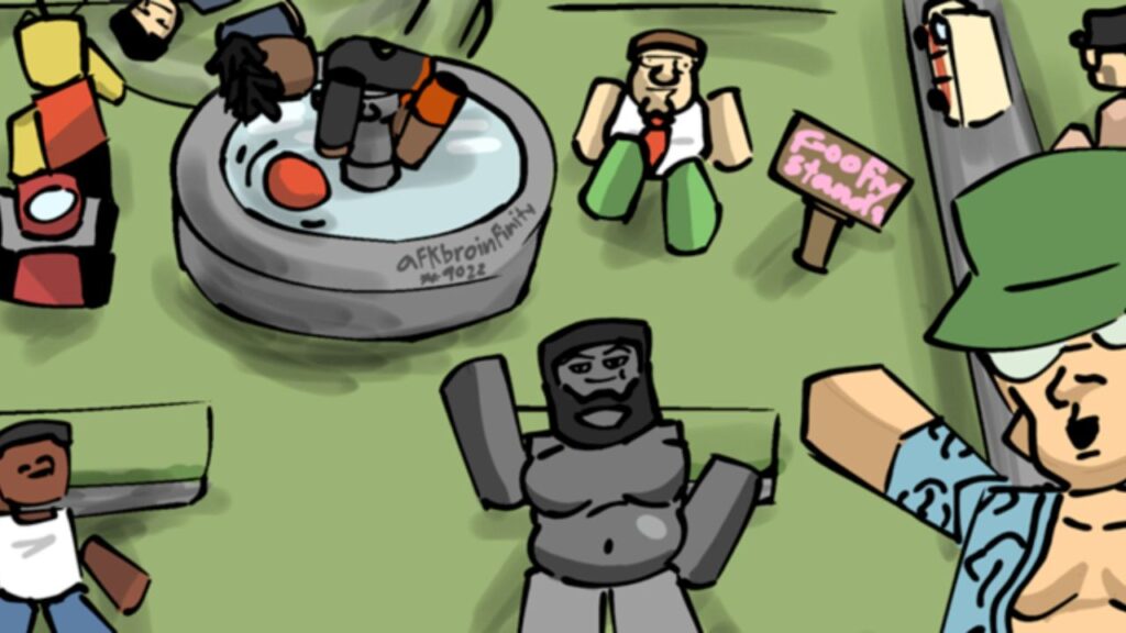 Feature image for our Goofy Stands codes guide. It shows several Roblox characters stood in a park by a fountain.