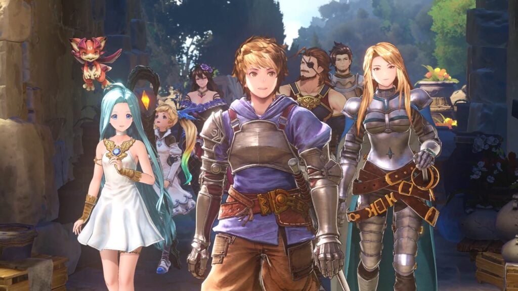 The featured image for our Granblue Fantasy Ninth Anniversary event, featuring the main cast of characters walking through an alleyway. They are walking towards the camera, and are all mostly wearing medieval looking combat armour.