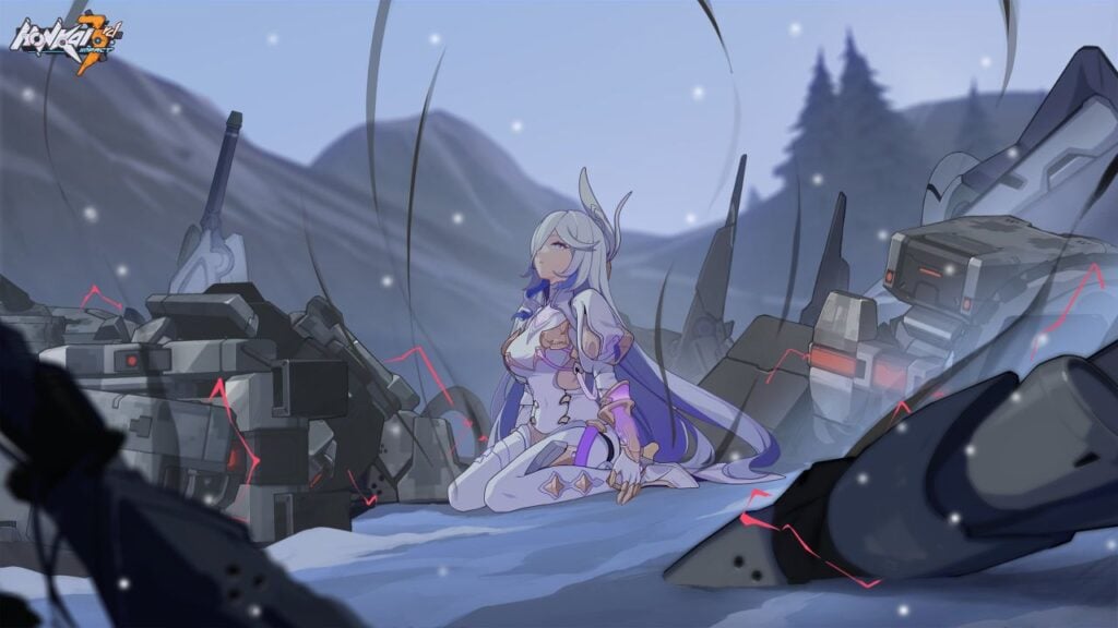 Feature image for our news piece on a Honkai Impact 3rd update. It shows a character kneeling on the ground amid pieces of wreckage.