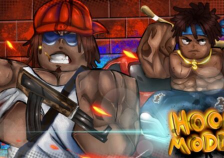 Feature image for our Hood Modded codes guide. It shows two Roblox characters with weapons in front of a brick wall.