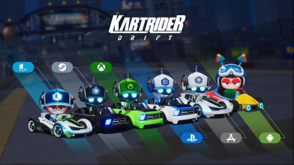 Feature image for our KartRider: Drift pre-download news piece. It shows six platform-specific skins and karts lined up.