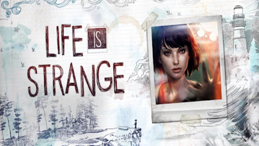 The image is an poster for the game "Life Is Strange". The poster uses what looks to be hand-drawn doodle graphics of a white forest, with a portrait picture of the game's woman protagonist glued to the poster. The graphics "Life Is Strange" appears to the left.