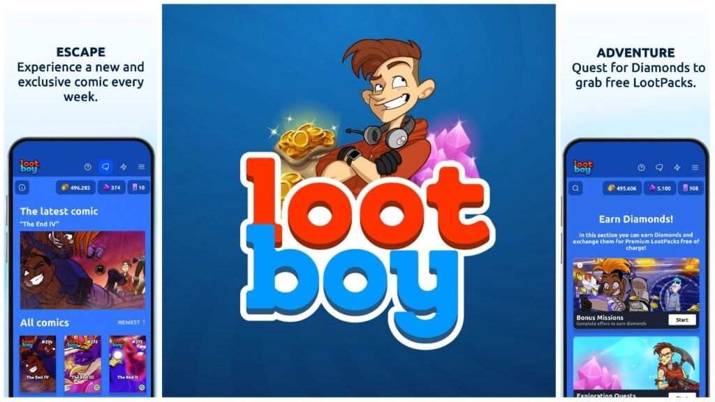 feature image for our lootboy codes guide, the image features the games logo as well as a drawing of the lootboy, with two pictures of a phone that is displaying screenshots of the app