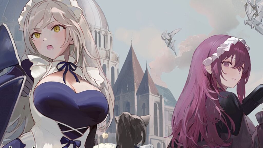 Feature image for our Maid Master reroll guide. It shows two female anime-style characters in front of a castle.