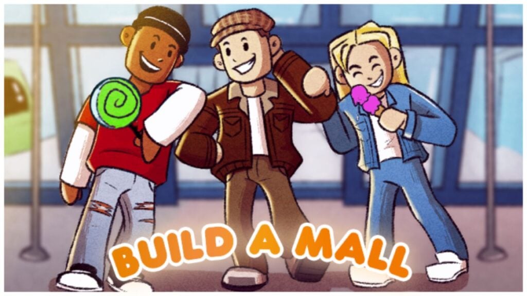 feature image for our mall tycoon codes guide, the image features official promo art for the game as three characters walk through a mall with sweet treats