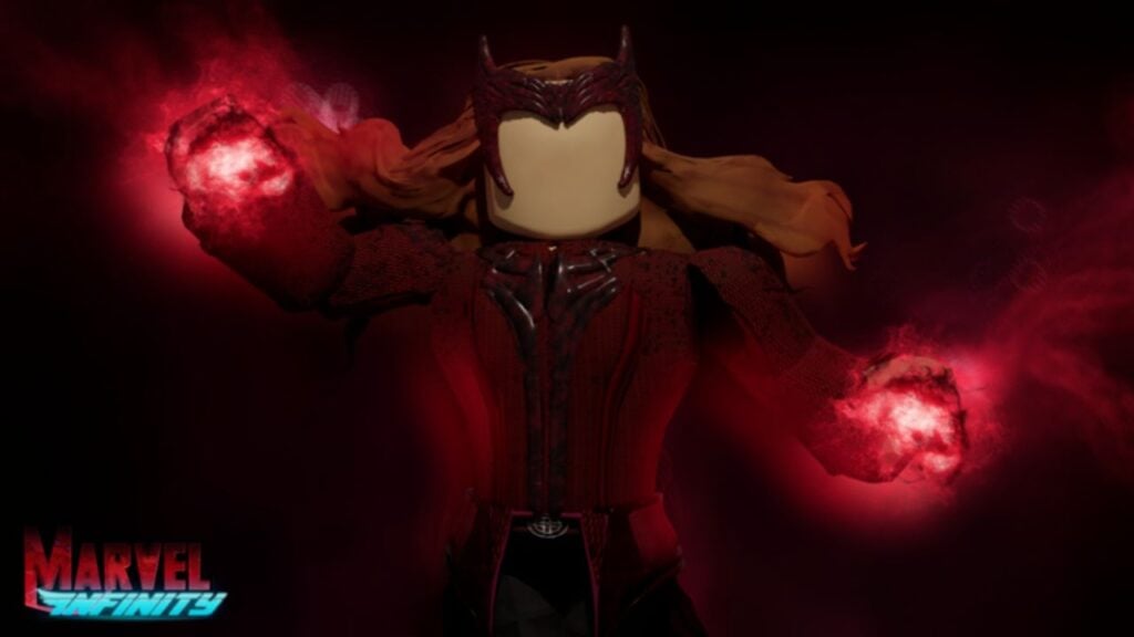 Feature image for our Marvel Infinity codes guide. It shows a Roblox version of Scarlet Witch using her powers.
