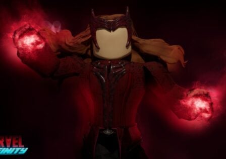 Feature image for our Marvel Infinity codes guide. It shows a Roblox version of Scarlet Witch using her powers.
