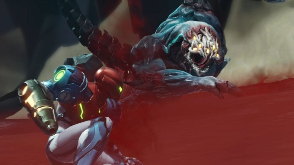 Feature image for our Metroid Dread Android news piece. It shows Metroid protagonist Samus Aran fighting an alien monster.