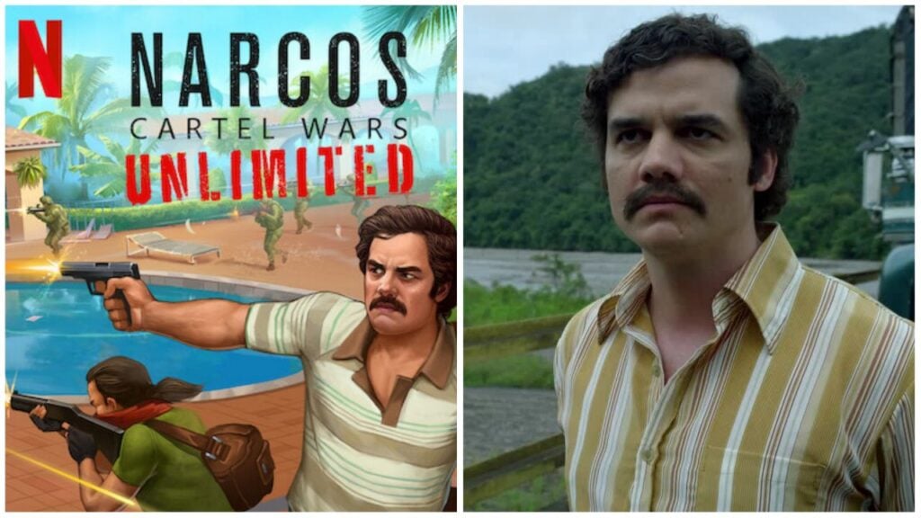 feature image for our narcos: cartel wars unlimited release news piece, the image features a photo of javier from the tv show, as well as promo art for the game's release with the netflix logo and the game's logo as a drawing of javier holds a gun close to a pool