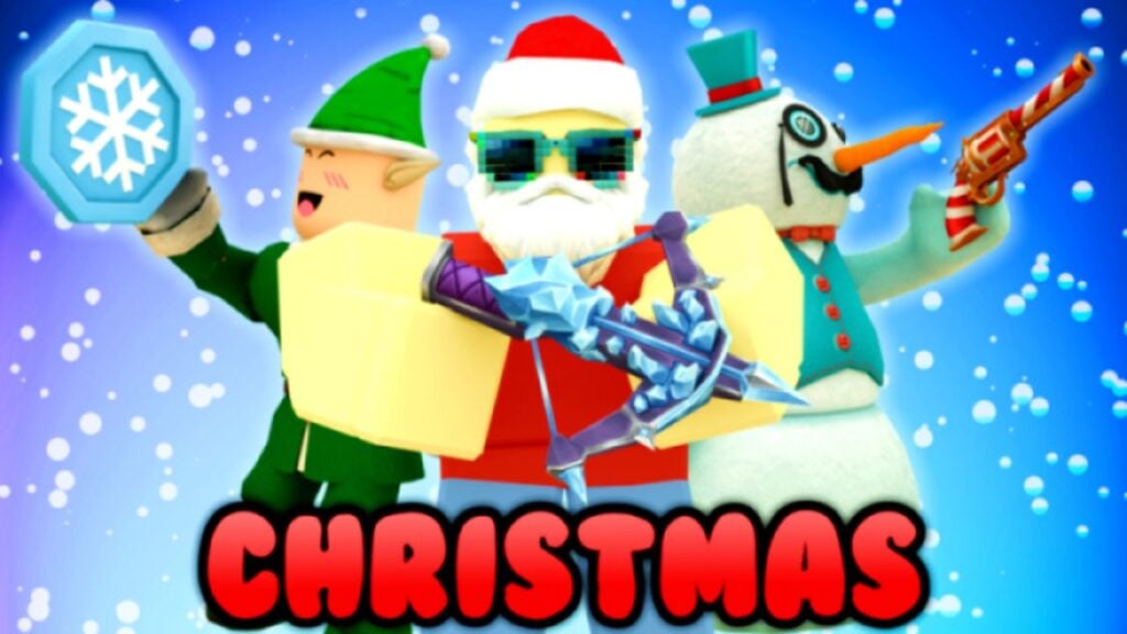 Feature image for our Nik's Murder Sandbox codes guide. It shows an elf, Santa, and a snowman, all holding weapons.