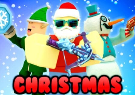 Feature image for our Nik's Murder Sandbox codes guide. It shows an elf, Santa, and a snowman, all holding weapons.