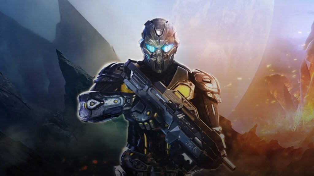 The featured image for our article covering Nova Legacy being removed from Google Play. The image features a character in battle-armour walking towards the camera, holding a gun. Behind them is fire and a moon.