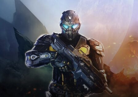 The featured image for our article covering Nova Legacy being removed from Google Play. The image features a character in battle-armour walking towards the camera, holding a gun. Behind them is fire and a moon.