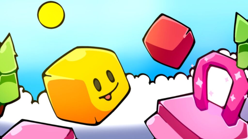 Feature image for our Obby But You're A Cube codes guide. It shows a cube with a smiley face jumping through some clouds.
