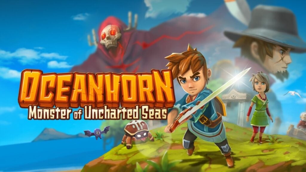 A promotional image for the game Oceanhorn, featuring a roster of characters. The main character is front and centre, with the side characters, as well as the supposed antagonist, standing not so far behind.
