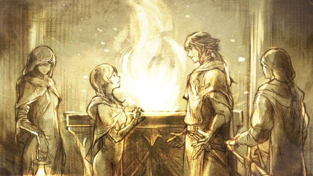 The featured image for our Octopath Traveler offerwall article, featuring an illustration of a man and women talking to each other infront of a fire. The fire lights the whole room golden, and two women stand on either side of the people talking in the middle.