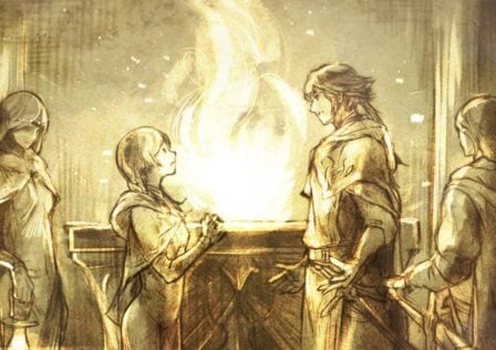 The featured image for our Octopath Traveler offerwall article, featuring an illustration of a man and women talking to each other infront of a fire. The fire lights the whole room golden, and two women stand on either side of the people talking in the middle.