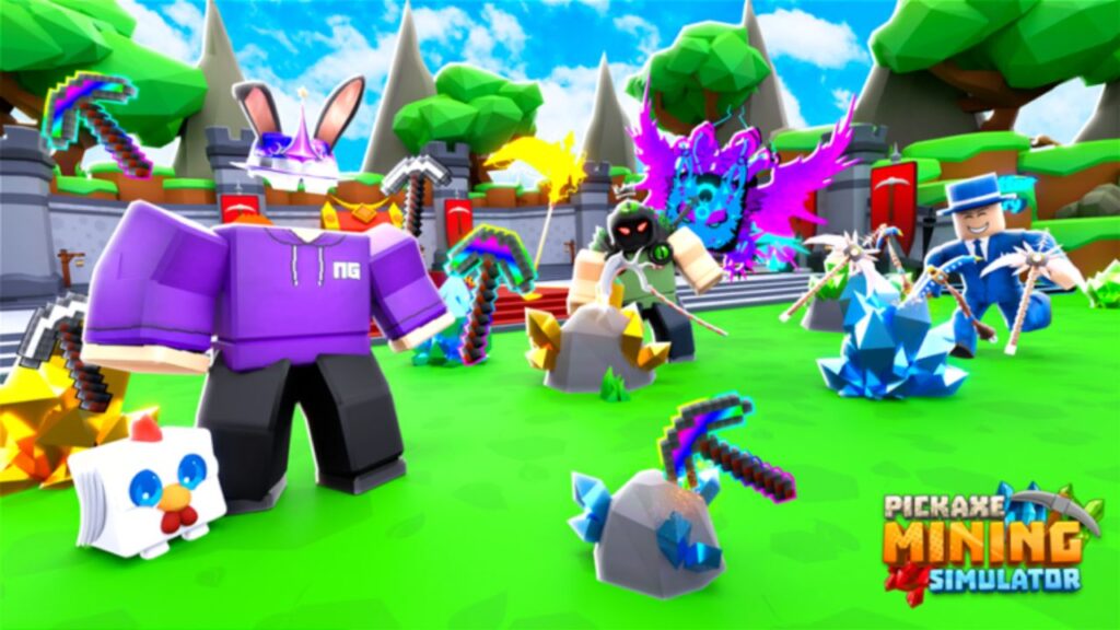 Feature image for our Pickaxe Mining Simulator codes guide. It shows several Roblox characters in a green field with pets and pickaxes.