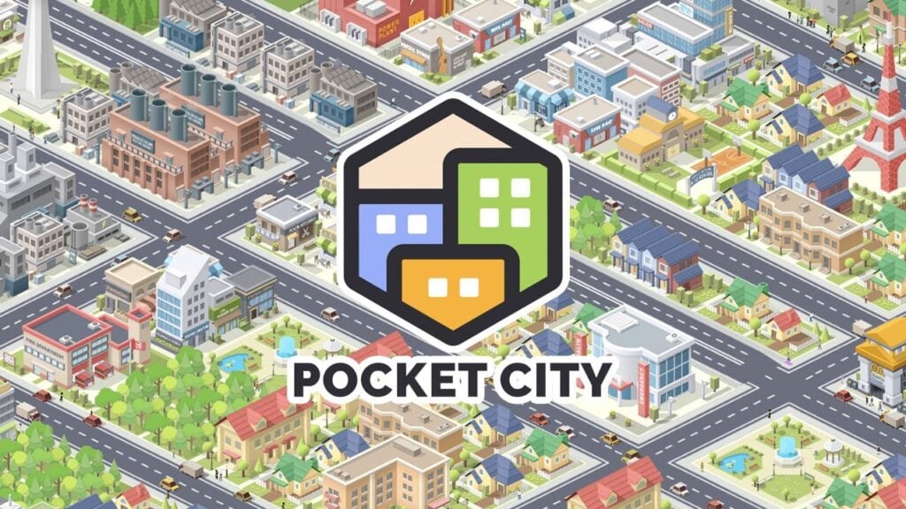 Promotional image for the game Pocket City, with the game's logo being in the centre of the image. Behind it, a prosperous city sits.