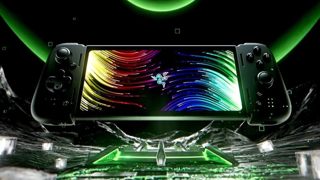 Feature image for our news piece on the Razer Edge 5G release date. It shows the console on a black and green background.