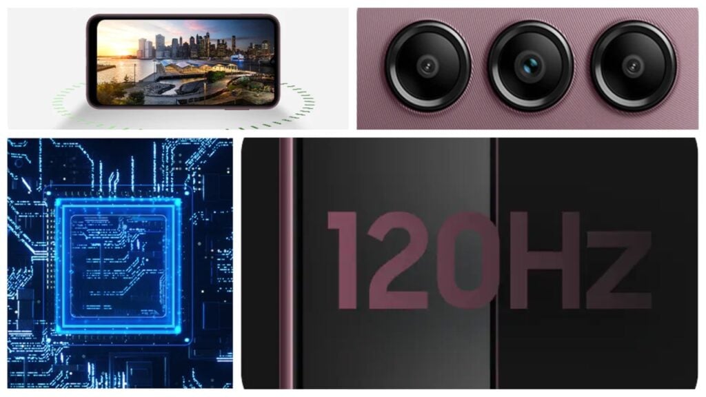 The featured image for our Samsung 120Hz budget phone article, feautring a collage of different promotional images released by Samsung to market the phone. Top left is a picture of the phone being placed horizontally as it displays a picture of a city. Top right features the triple camera setup on a pink phone. Bottom left is a blue digital image of the phone's processor. Bottom right is graphics reading "120Hz" on a black background.